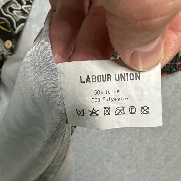 Labour Union Mens Rooster Cloud Print Shirt Black Grey Red Tencel Camp Collar M - Picture 8 of 9